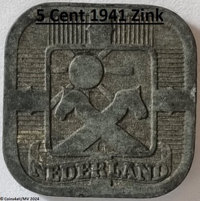 Nederland 5 Cent 1941, Zink, Zfr.