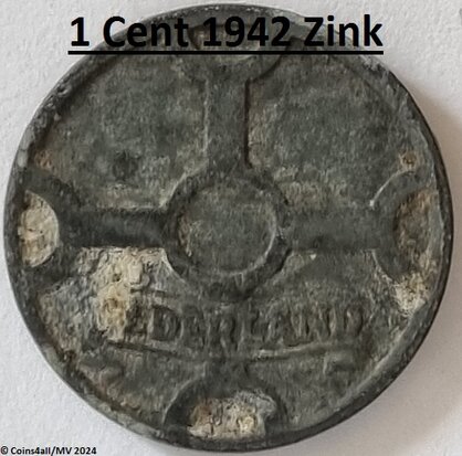 Nederland 1 Cent 1942, Zink, Fr.