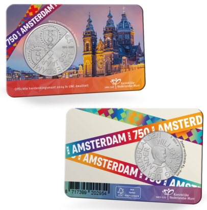 Nederland  5 euro 2024 "750 Jaar Amsterdam", UNC in coincard, voor- en achterkant