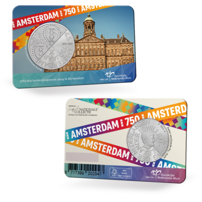 Nederland  5 euro 2024 "750 Jaar Amsterdam", BU in coincard, voor- en achterkant