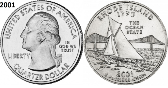 25 Cent 2001, Rhode Island 'The Ocean State', UNC