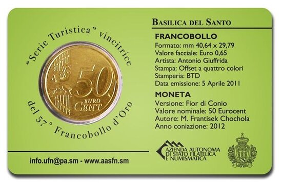 2012: coincard 'Basilica del Santo' met postzegel en 50 eurocent