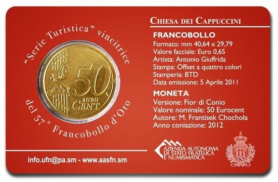 2012: Coincard 'Chieso dei Cappucini' met postzegel en 50 eurocent