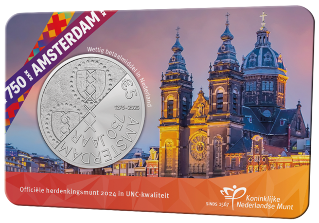 Nederland  5 euro 2024 "750 Jaar Amsterdam", UNC in coincard, voorkant