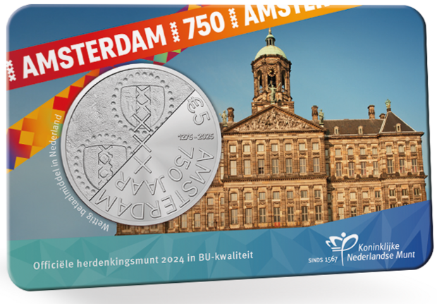 Nederland  5 euro 2024 "750 Jaar Amsterdam", BU in coincard, voorkant