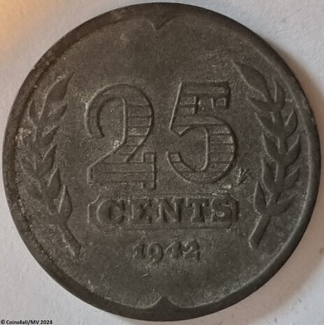 Nederland 25 Cent 1942, Zink, Zfr.+