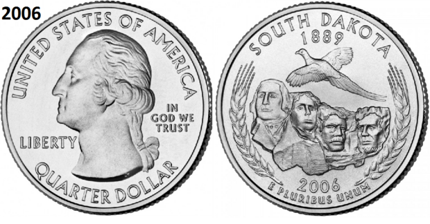 25 Cent 2006,  South Dakota 'The Mount Rushmore State', UNC