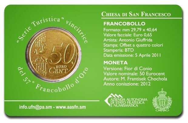 2012: coincard 'Chiesa di San Francesca' met postzegel en 50 eurocent 