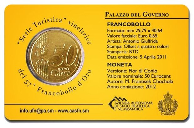 2012: Coincard 'Pallazo del Governo' met postzegel en 50 eurocent