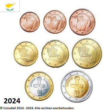 Cyprus UNC set 2024, 8 munten met normale 2 euromunt