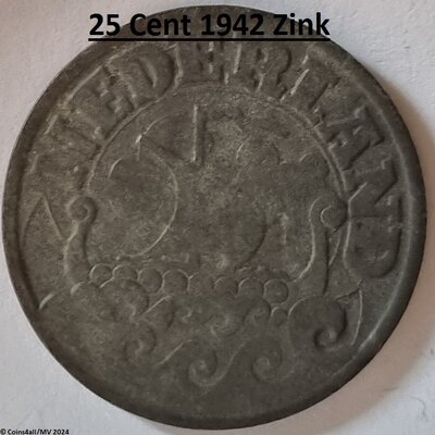 Nederland 25 Cent 1942, Zink, Zfr.+