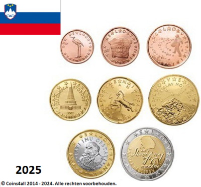 Slovenië UNC-set 2025, 8 munten met normale 2 euromunt