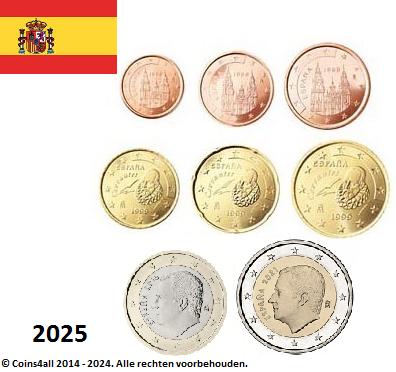 Spanje UNC-set 2025, 8 munten met normale 2 euromunt